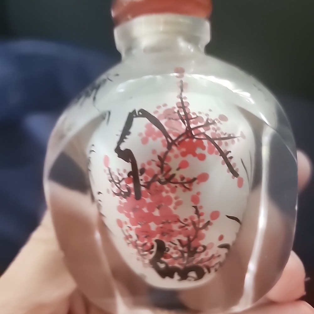 Vtg Chinese Reverse Handpainted Glass Snuff Bottle Signed Painted Garden Florals